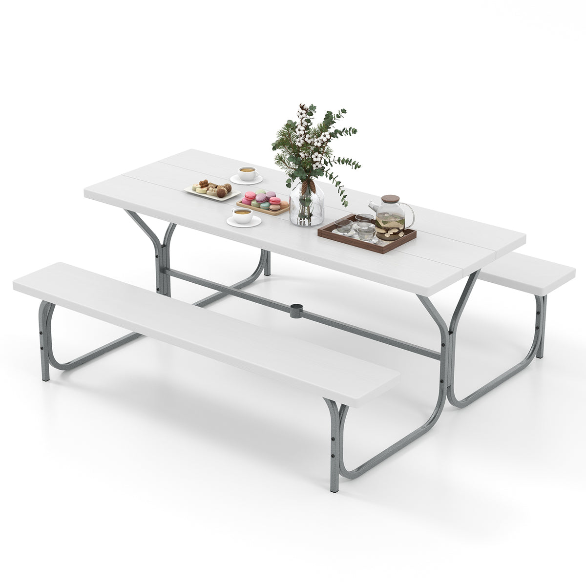 Picnic Table Bench Set Dining Table and 2 Benches with Metal Frame and HDPE Tabletop