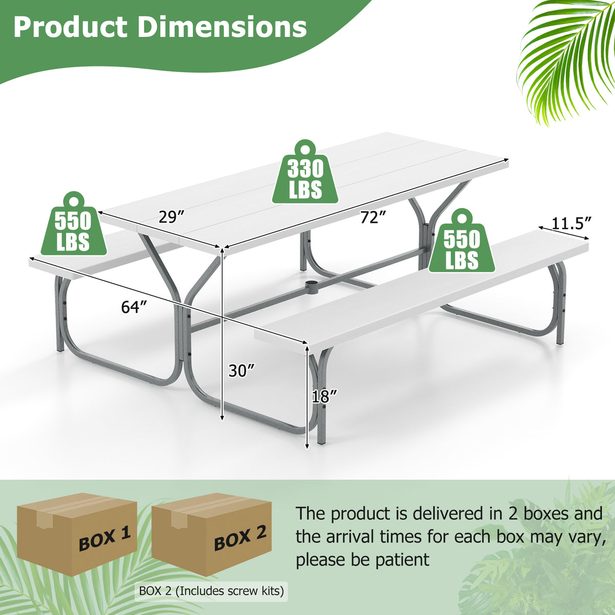 Picnic Table Bench Set Dining Table and 2 Benches with Metal Frame and HDPE Tabletop