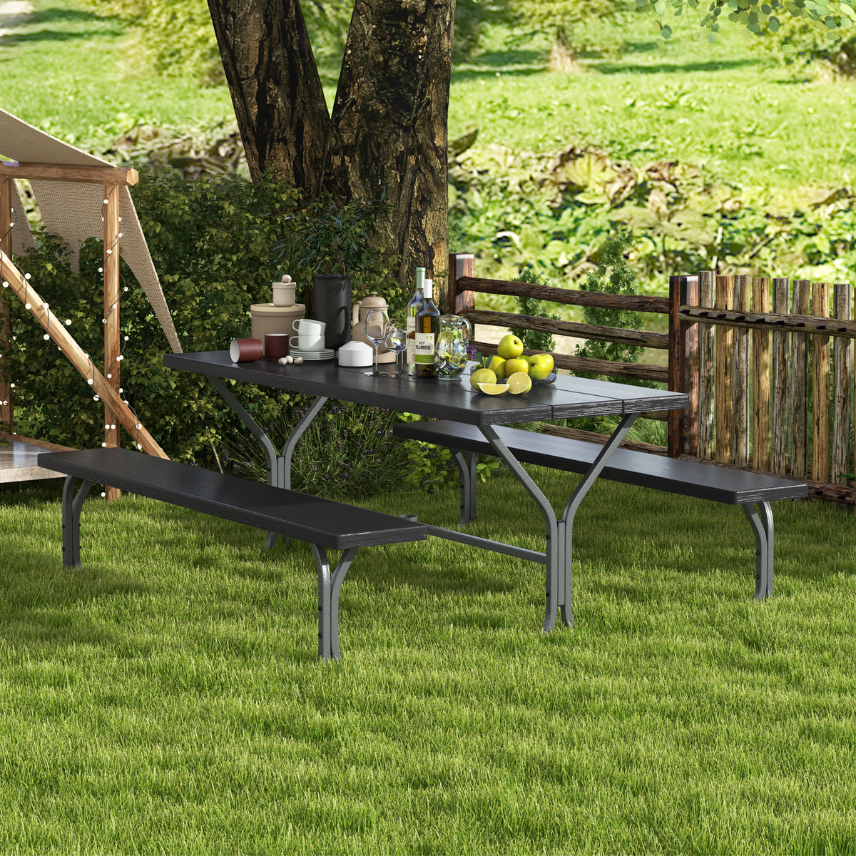 Picnic Table Bench Set Dining Table and 2 Benches with Metal Frame and HDPE Tabletop