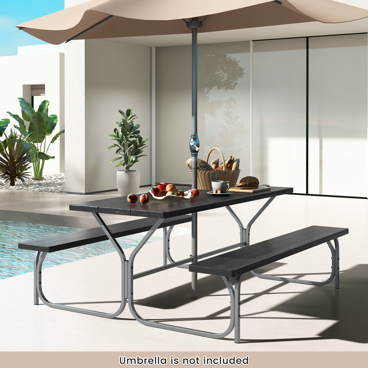 Picnic Table Bench Set Dining Table and 2 Benches with Metal Frame and HDPE Tabletop
