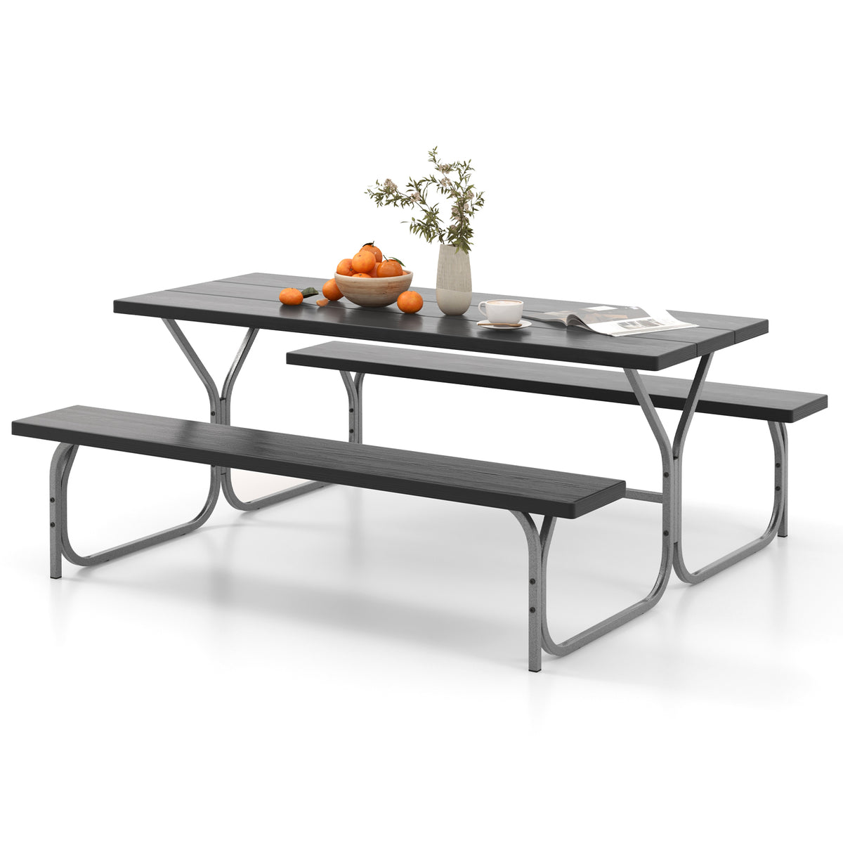 Picnic Table Bench Set Dining Table and 2 Benches with Metal Frame and HDPE Tabletop