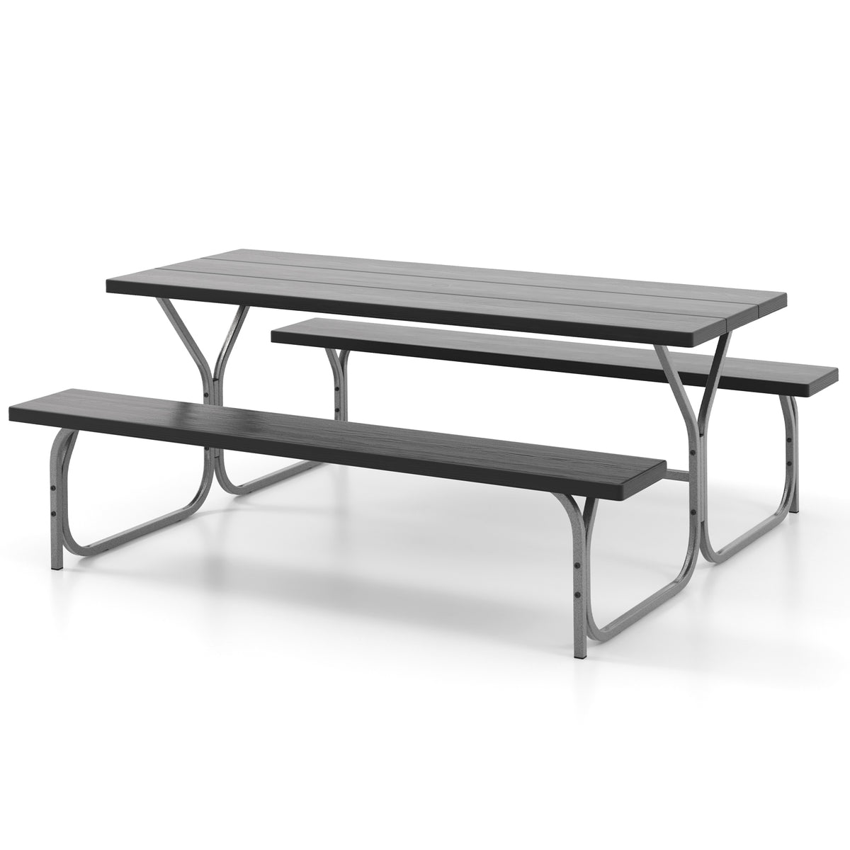 Picnic Table Bench Set Dining Table and 2 Benches with Metal Frame and HDPE Tabletop