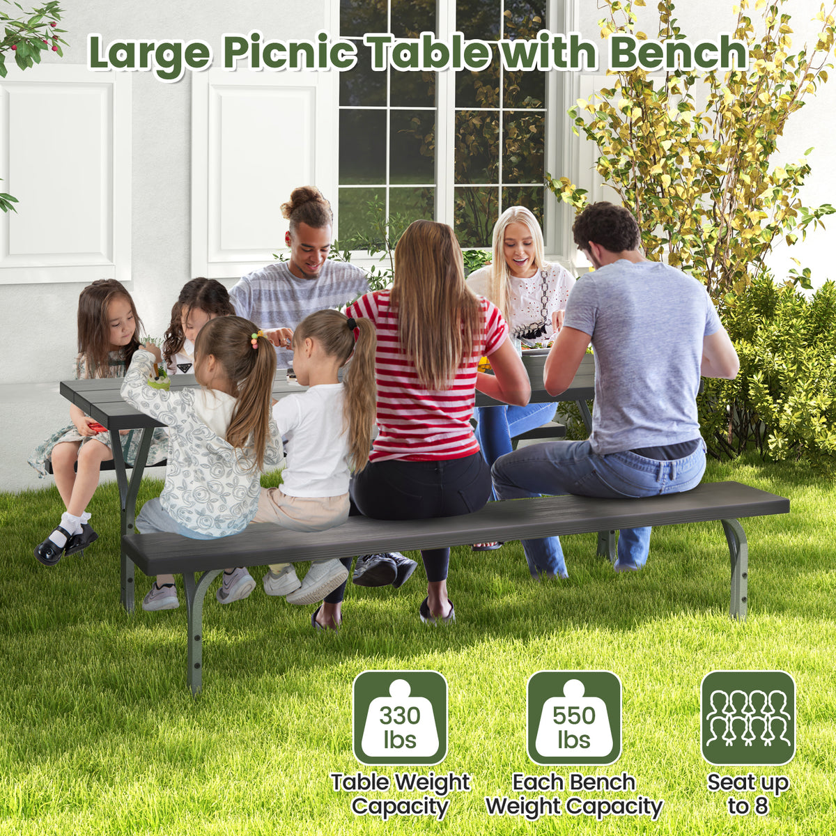 Picnic Table Bench Set Dining Table and 2 Benches with Metal Frame and HDPE Tabletop