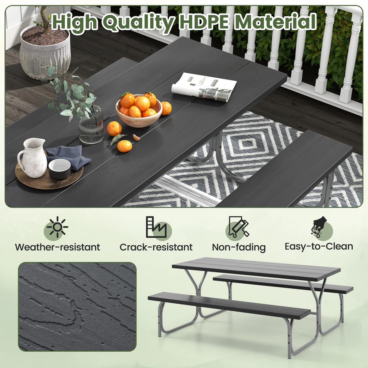 Picnic Table Bench Set Dining Table and 2 Benches with Metal Frame and HDPE Tabletop