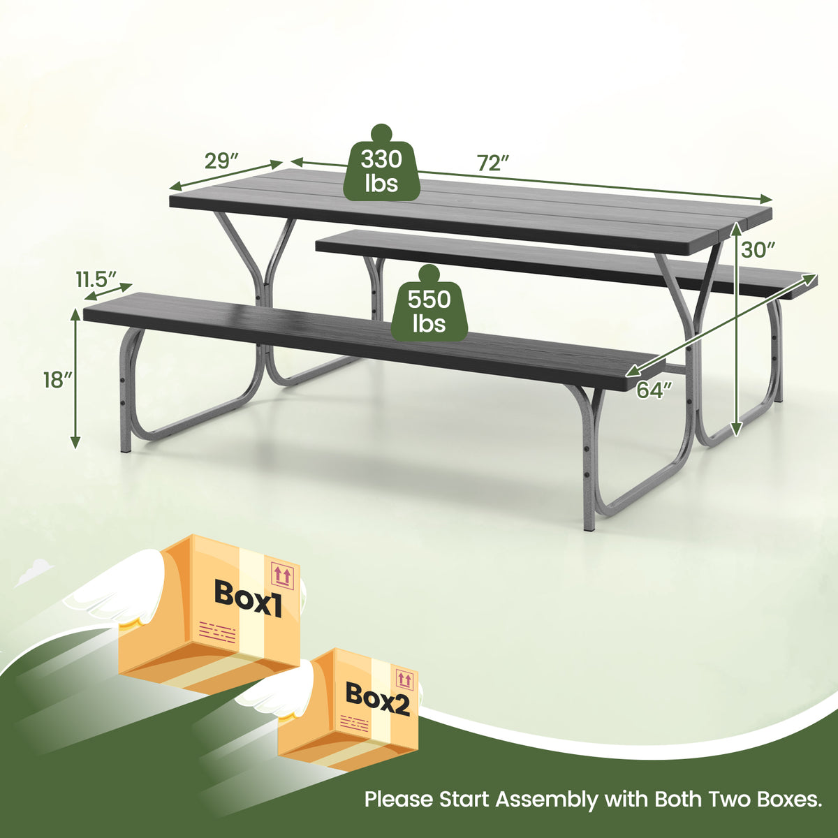 Picnic Table Bench Set Dining Table and 2 Benches with Metal Frame and HDPE Tabletop
