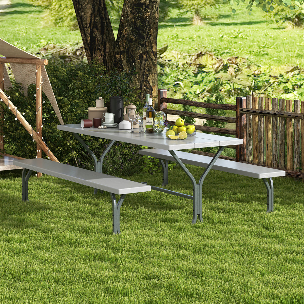 Picnic Table Bench Set Dining Table and 2 Benches with Metal Frame and HDPE Tabletop