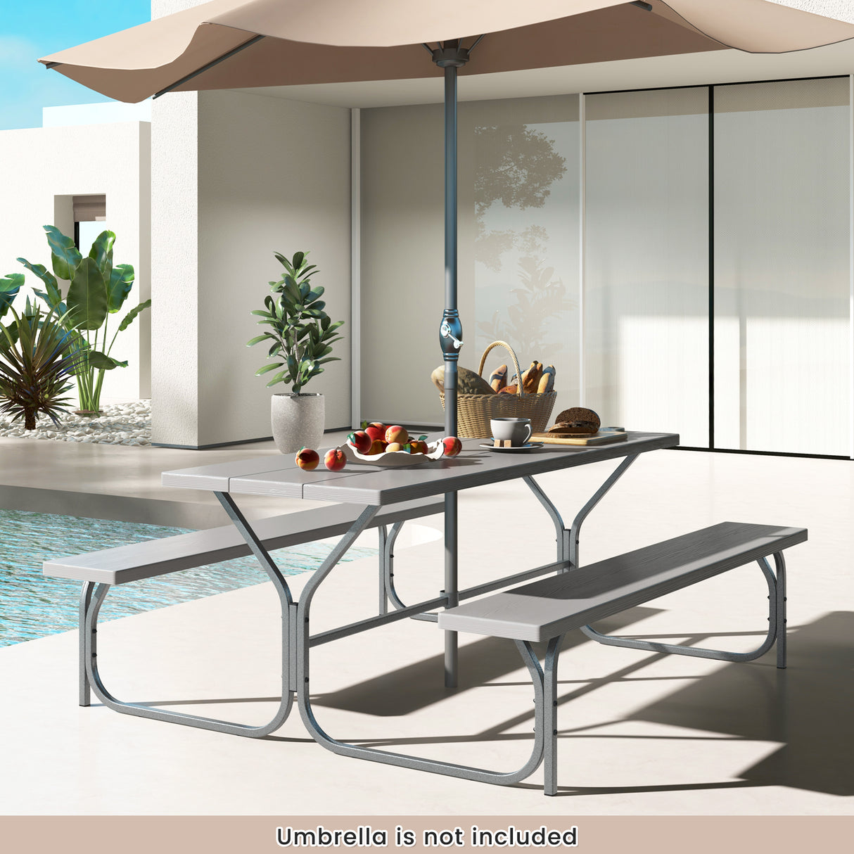 6 FT Picnic Table Bench Set Dining Table and 2 Benches with Metal Frame and HDPE Tabletop