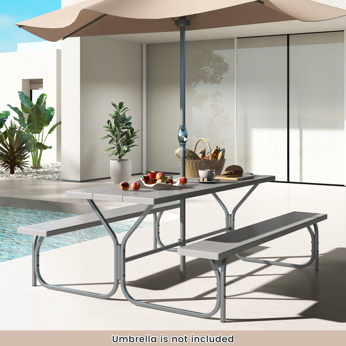 Picnic Table Bench Set Dining Table and 2 Benches with Metal Frame and HDPE Tabletop