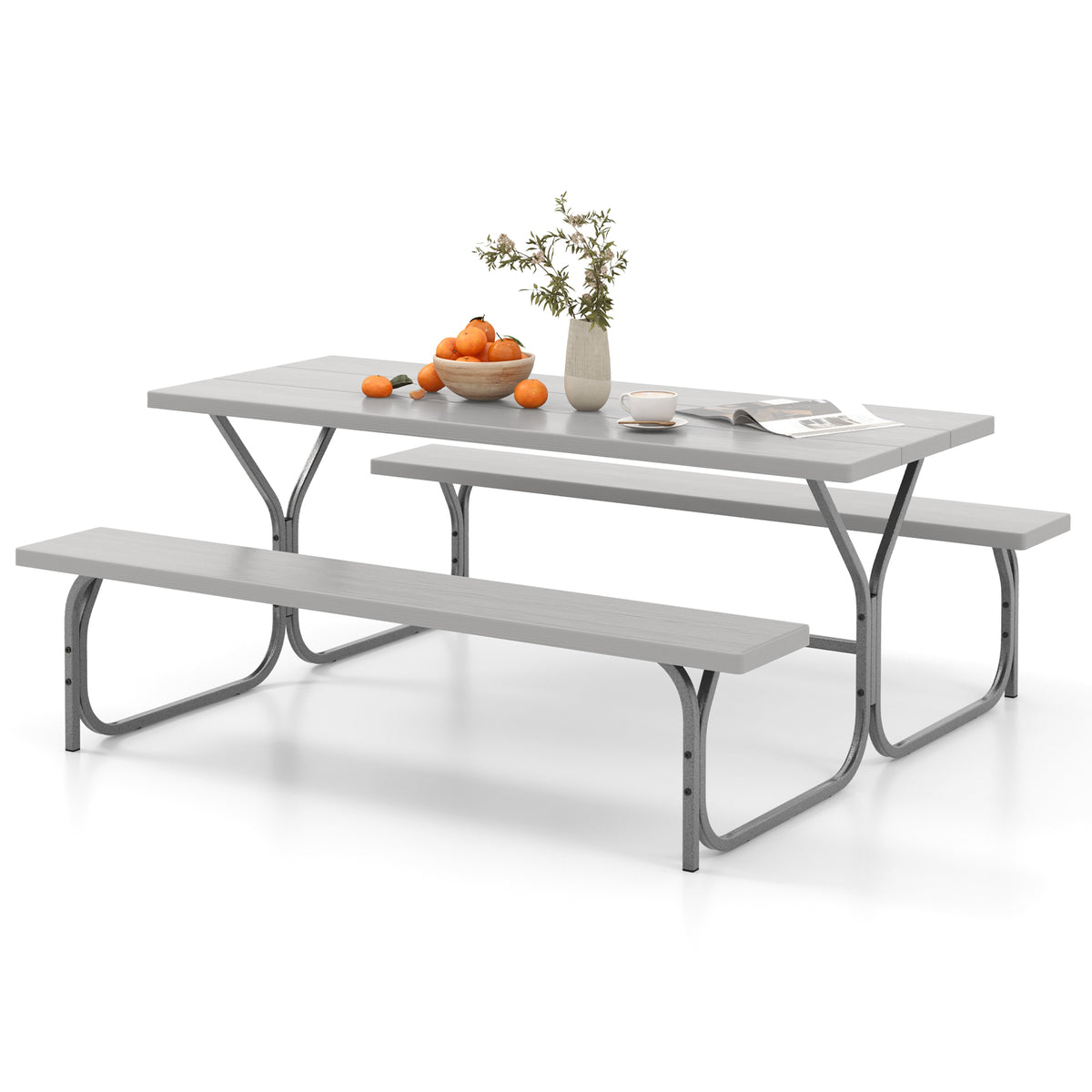 Picnic Table Bench Set Dining Table and 2 Benches with Metal Frame and HDPE Tabletop