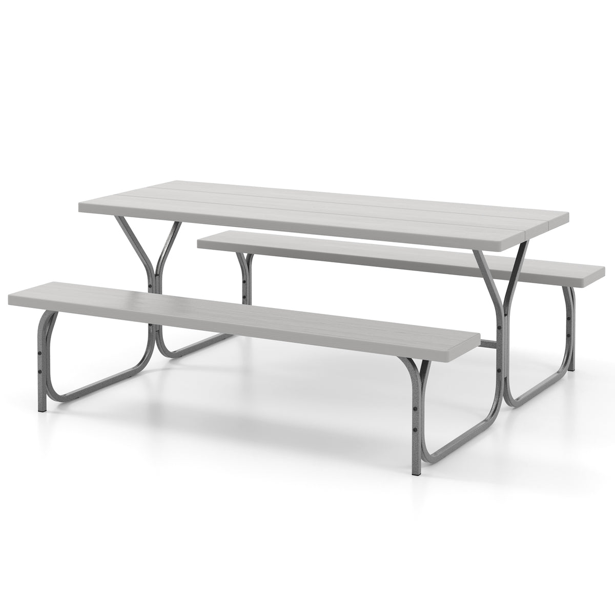 Picnic Table Bench Set Dining Table and 2 Benches with Metal Frame and HDPE Tabletop