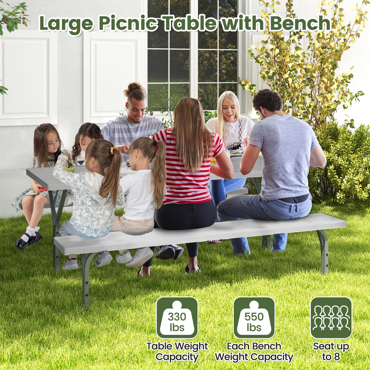 Picnic Table Bench Set Dining Table and 2 Benches with Metal Frame and HDPE Tabletop