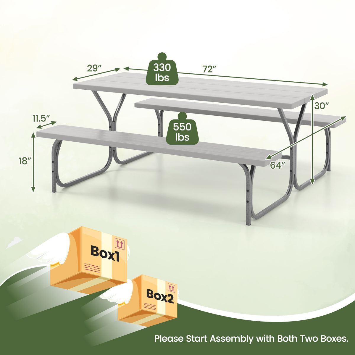 Picnic Table Bench Set Dining Table and 2 Benches with Metal Frame and HDPE Tabletop