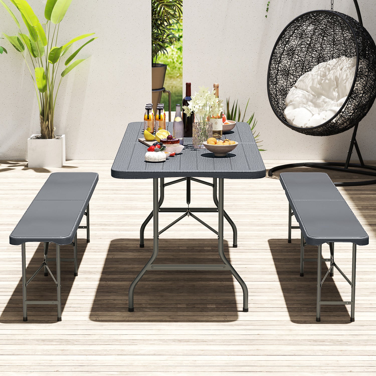 6 Feet Folding Table with Wood Grain HDPE Tabletop and Safe Lock Mechanism