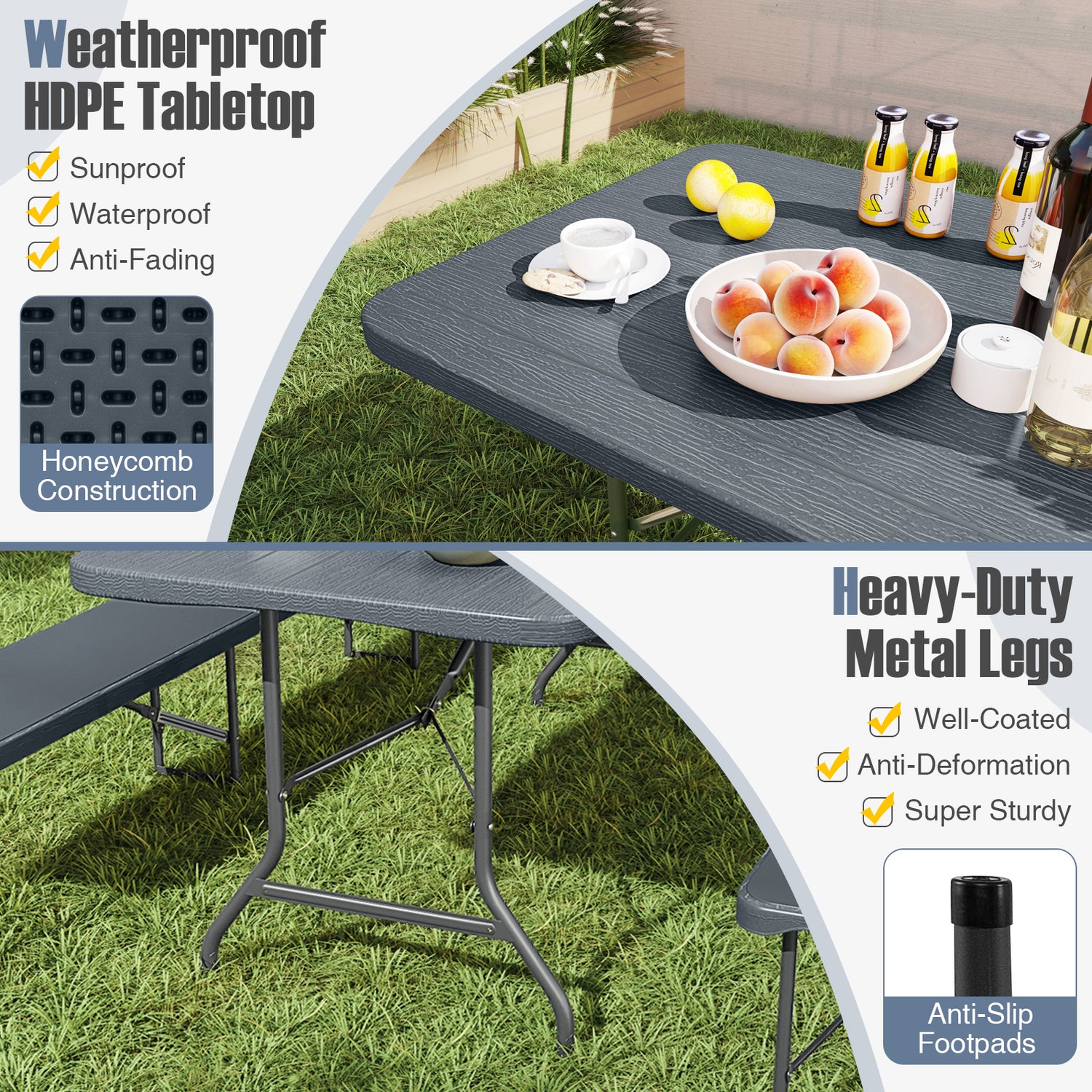 6 Feet Folding Table with Wood Grain HDPE Tabletop and Safe Lock Mechanism