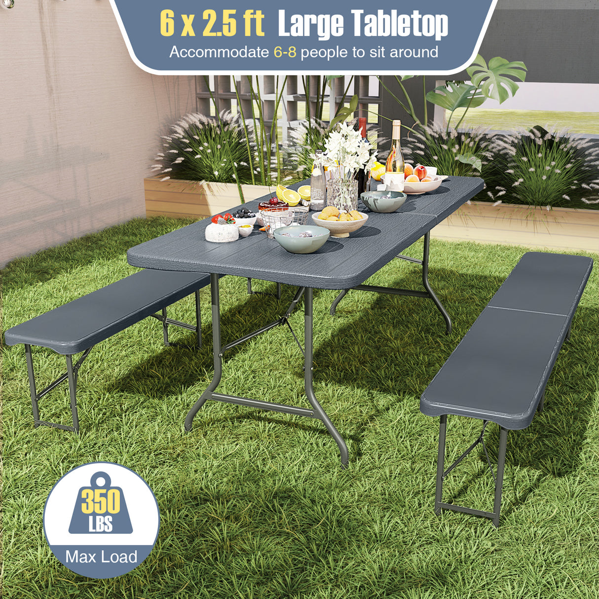 6 Feet Folding Table with Wood Grain HDPE Tabletop and Safe Lock Mechanism