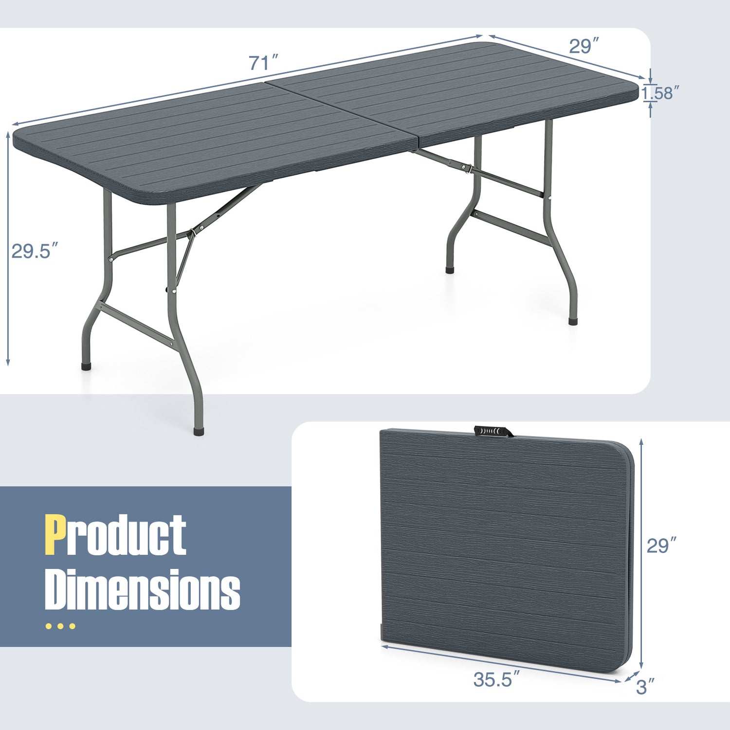 6 Feet Folding Table with Wood Grain HDPE Tabletop and Safe Lock Mechanism