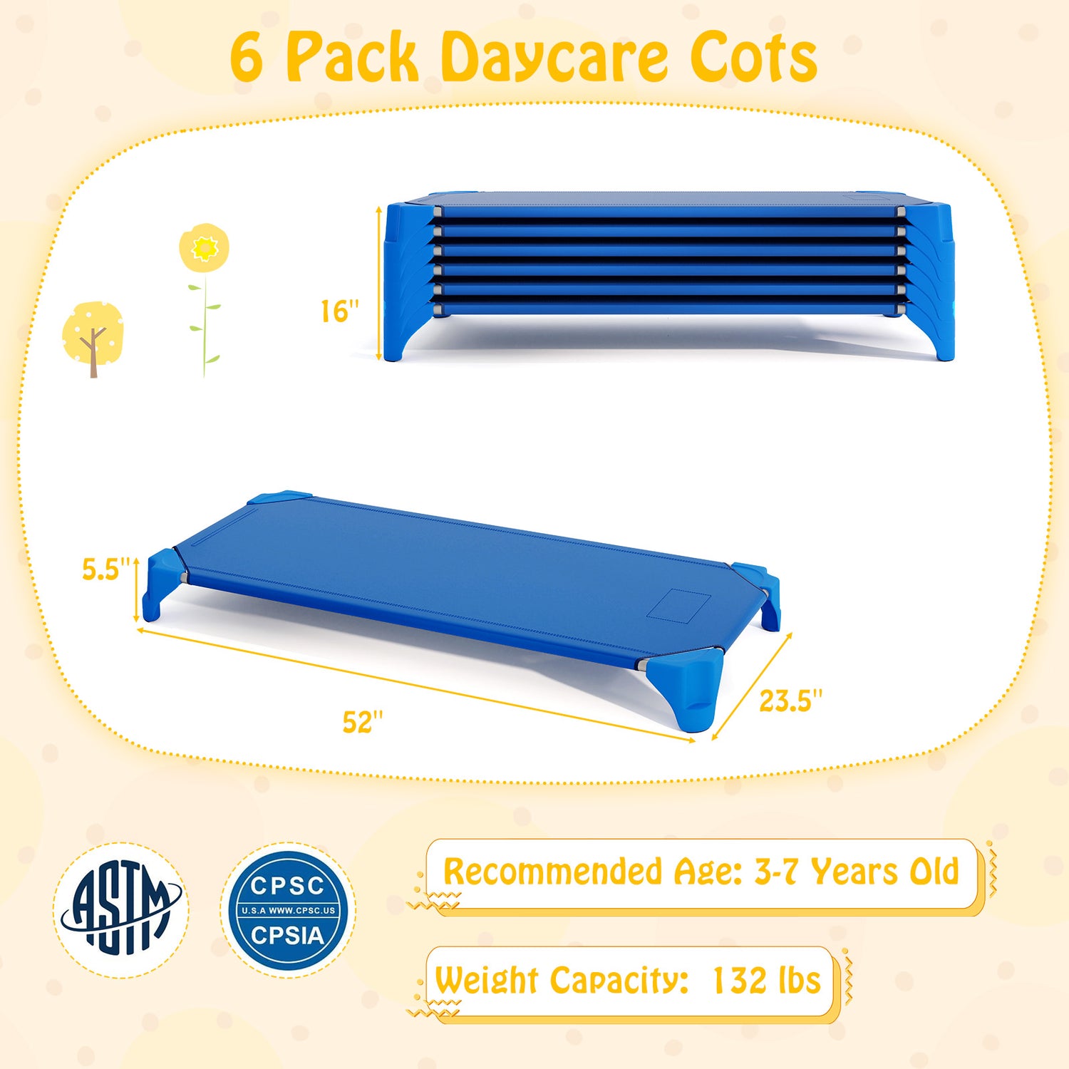 Portable 6 Pack Stackable Daycare Cots Sleeping Bed for Kids 52 Inch