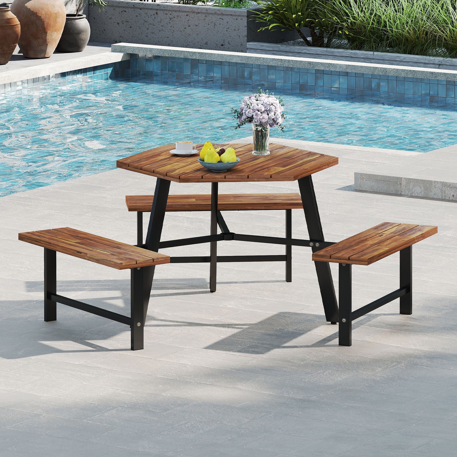6 Person Acacia Wood Picnic Table Bench Set with 3 Seats