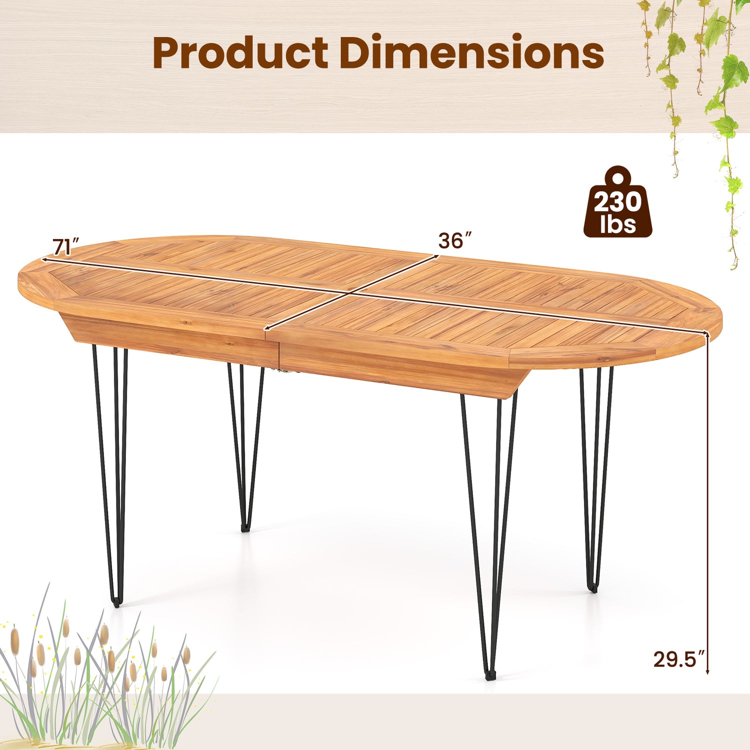 6 Person 71 Inch Patio Dining Table with Teak Wood Tabletop
