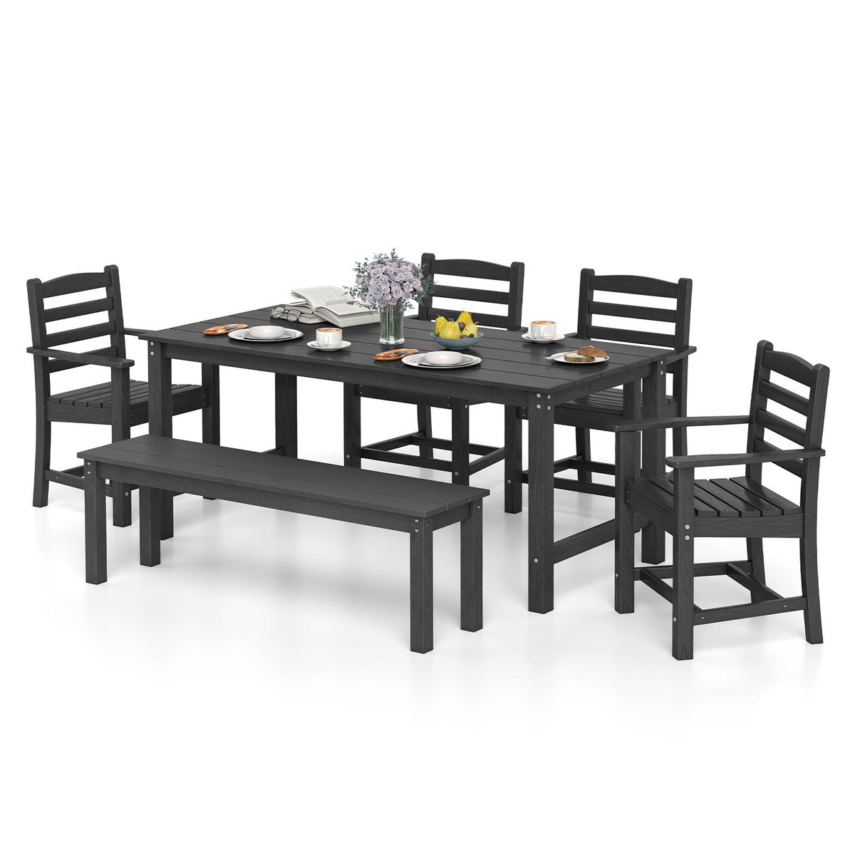 6 Pieces Patio Dining Bench Set Outdoor HDPE Weather Resistant Table and Chairs Set