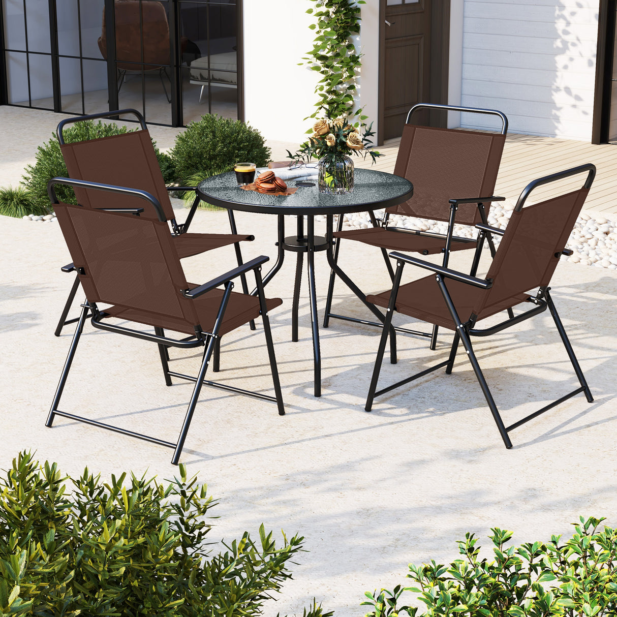 6 Pieces Patio Dining Set Folding Chairs Glass Table Tilt Umbrella for Garden