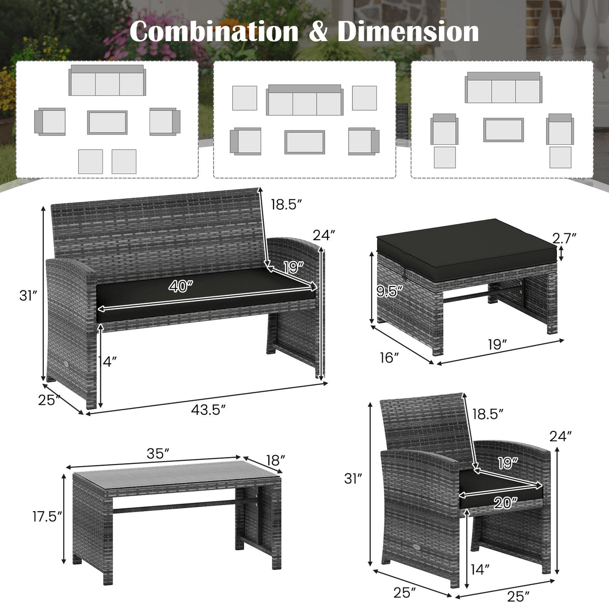 6 Pieces Patio Furniture Set Outdoor Sectional Conversation PE Rattan Sofa Set