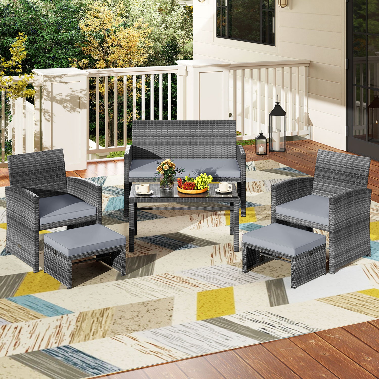6 Pieces Patio Furniture Set Outdoor Sectional Conversation PE Rattan Sofa Set