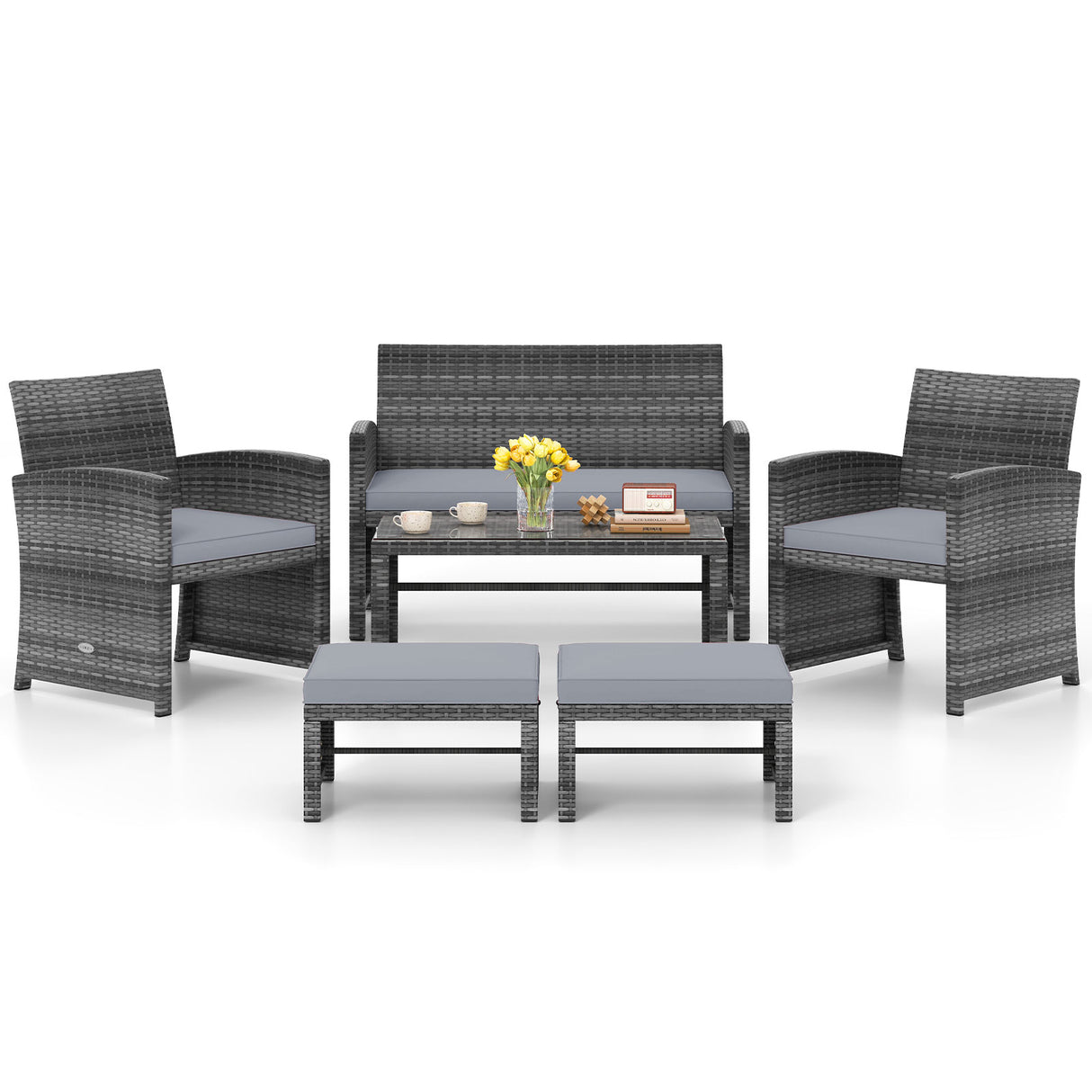 6 Pieces Patio Furniture Set Outdoor Sectional Conversation PE Rattan Sofa Set