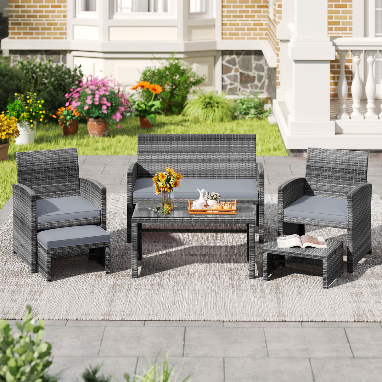6 Pieces Patio Furniture Set Outdoor Sectional Conversation PE Rattan Sofa Set