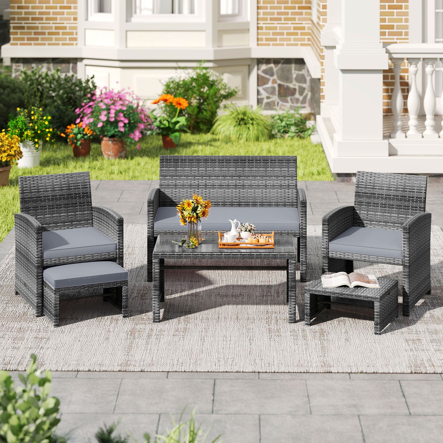 6 Pieces Patio Furniture Set Outdoor Sectional Conversation PE Rattan Sofa Set