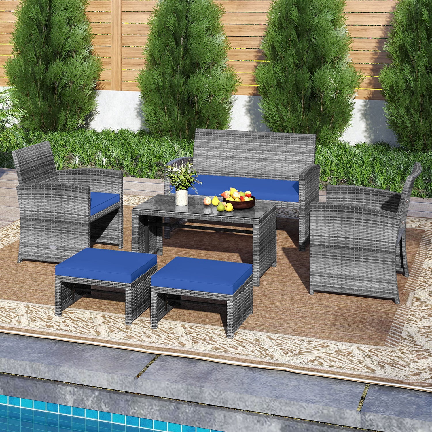 6 Pieces Patio Furniture Set Outdoor Sectional Conversation PE Rattan Sofa Set