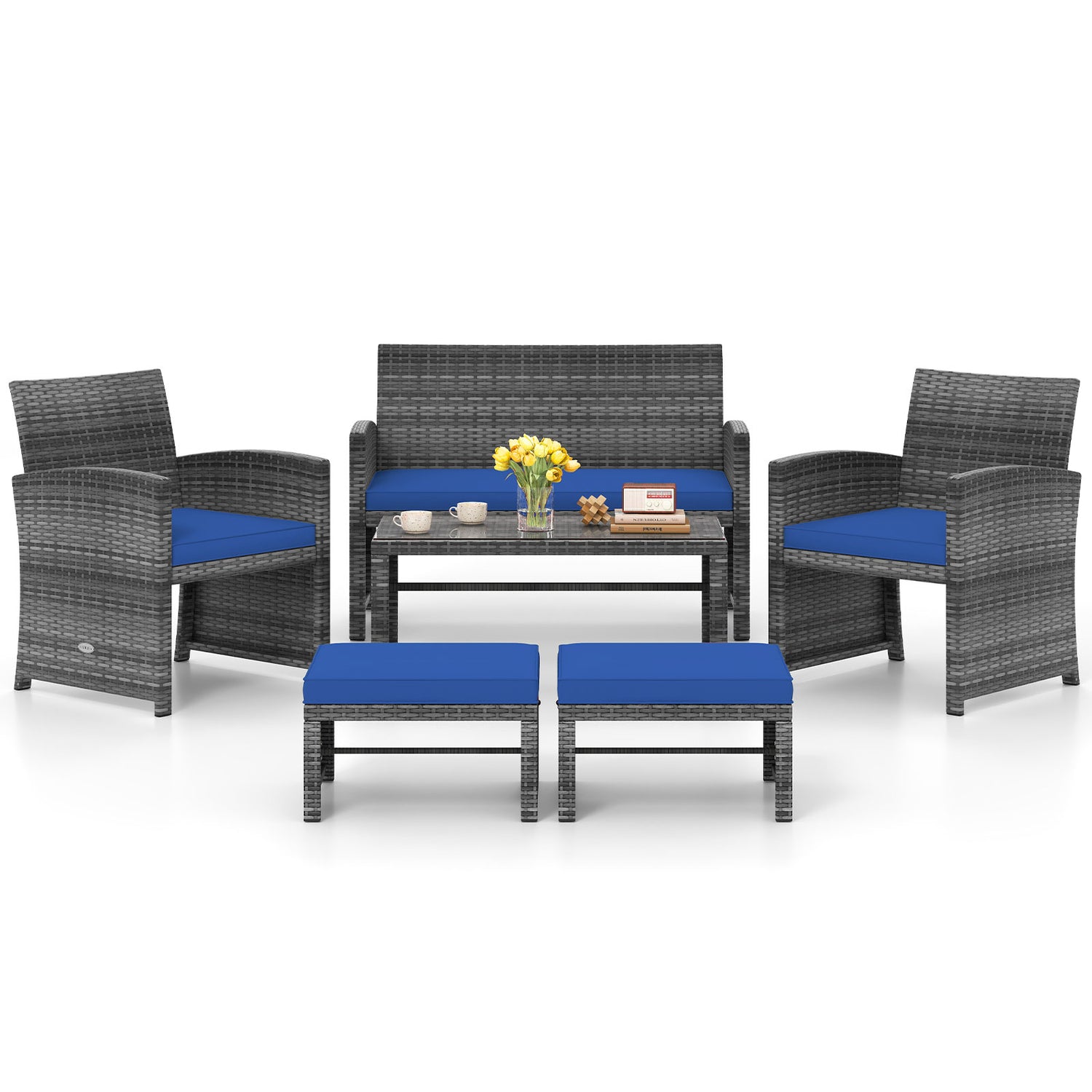 6 Pieces Patio Furniture Set Outdoor Sectional Conversation PE Rattan Sofa Set