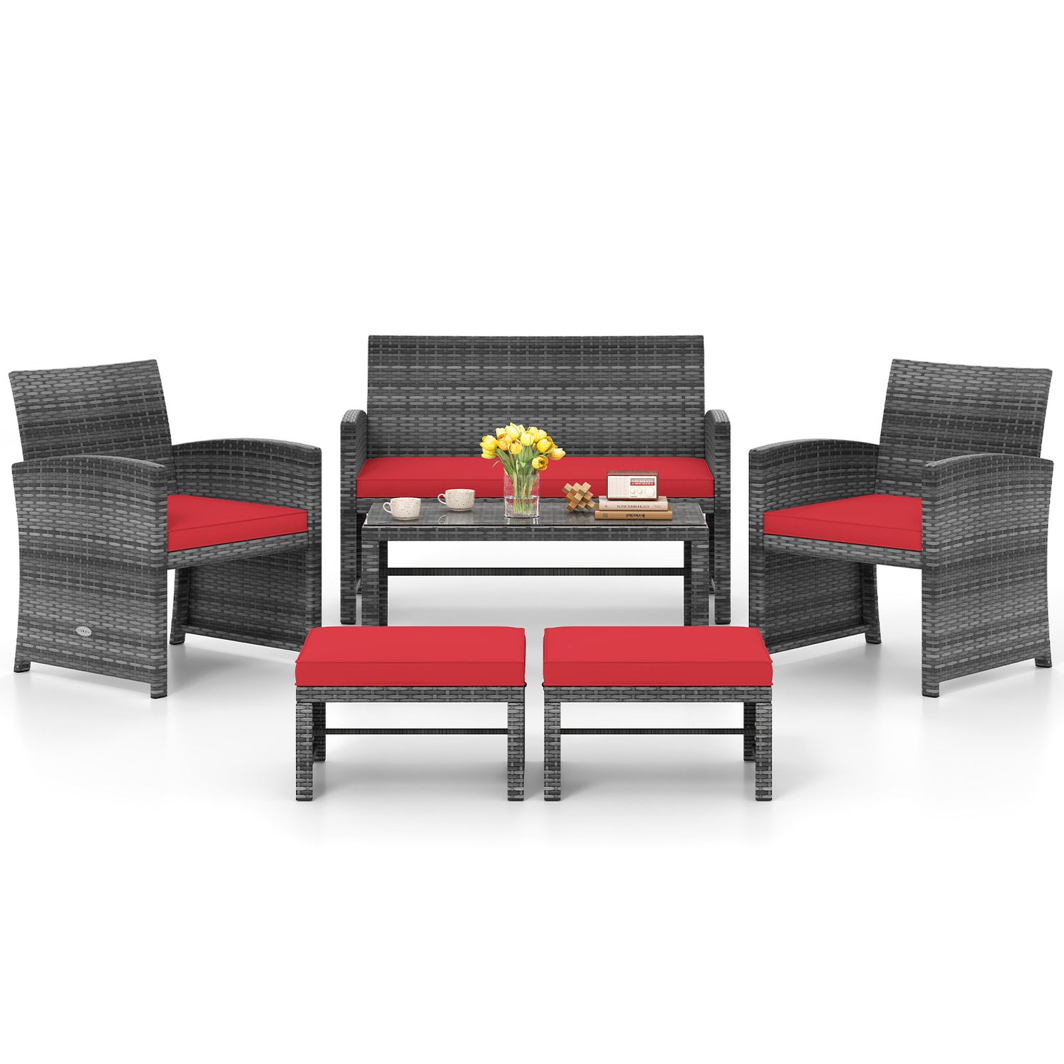6 Pieces Patio Furniture Set Outdoor Sectional Conversation PE Rattan Sofa Set