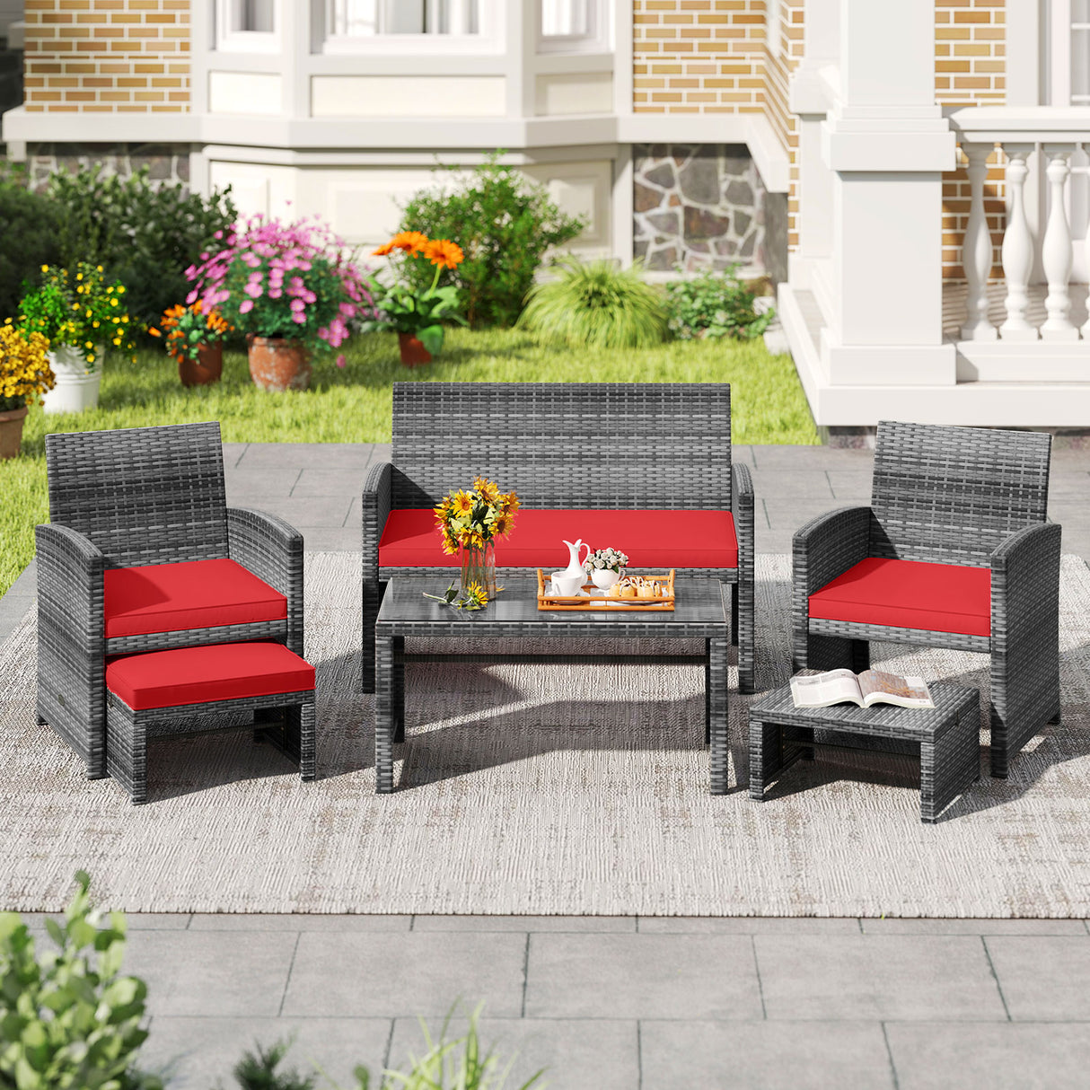 6 Pieces Patio Furniture Set Outdoor Sectional Conversation PE Rattan Sofa Set