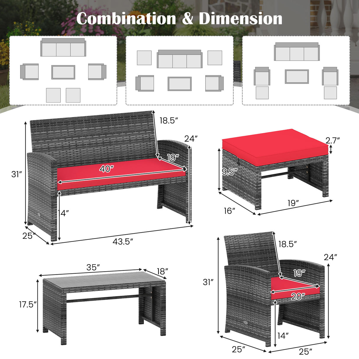 6 Pieces Patio Furniture Set Outdoor Sectional Conversation PE Rattan Sofa Set