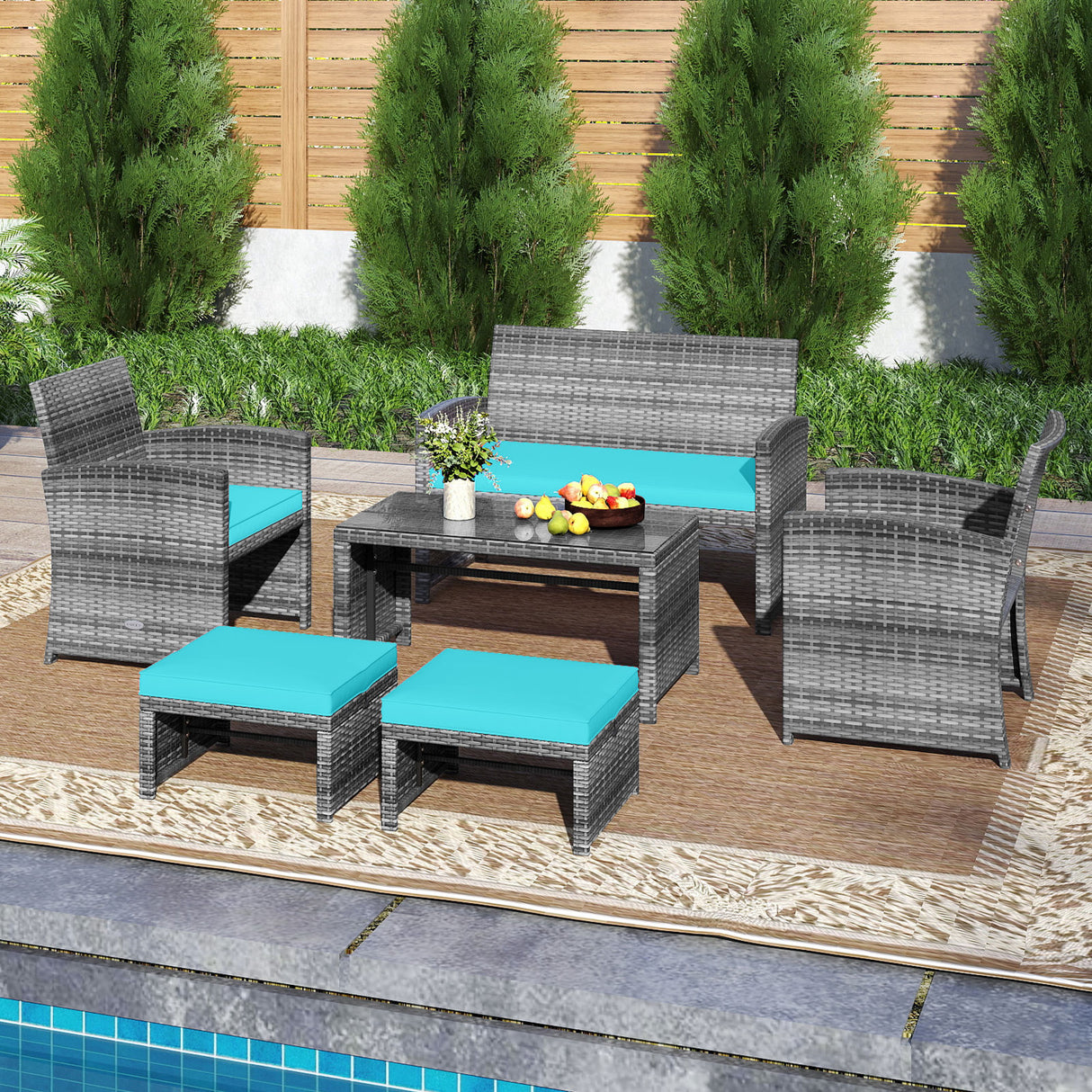 6 Pieces Patio Furniture Set Outdoor Sectional Conversation PE Rattan Sofa Set