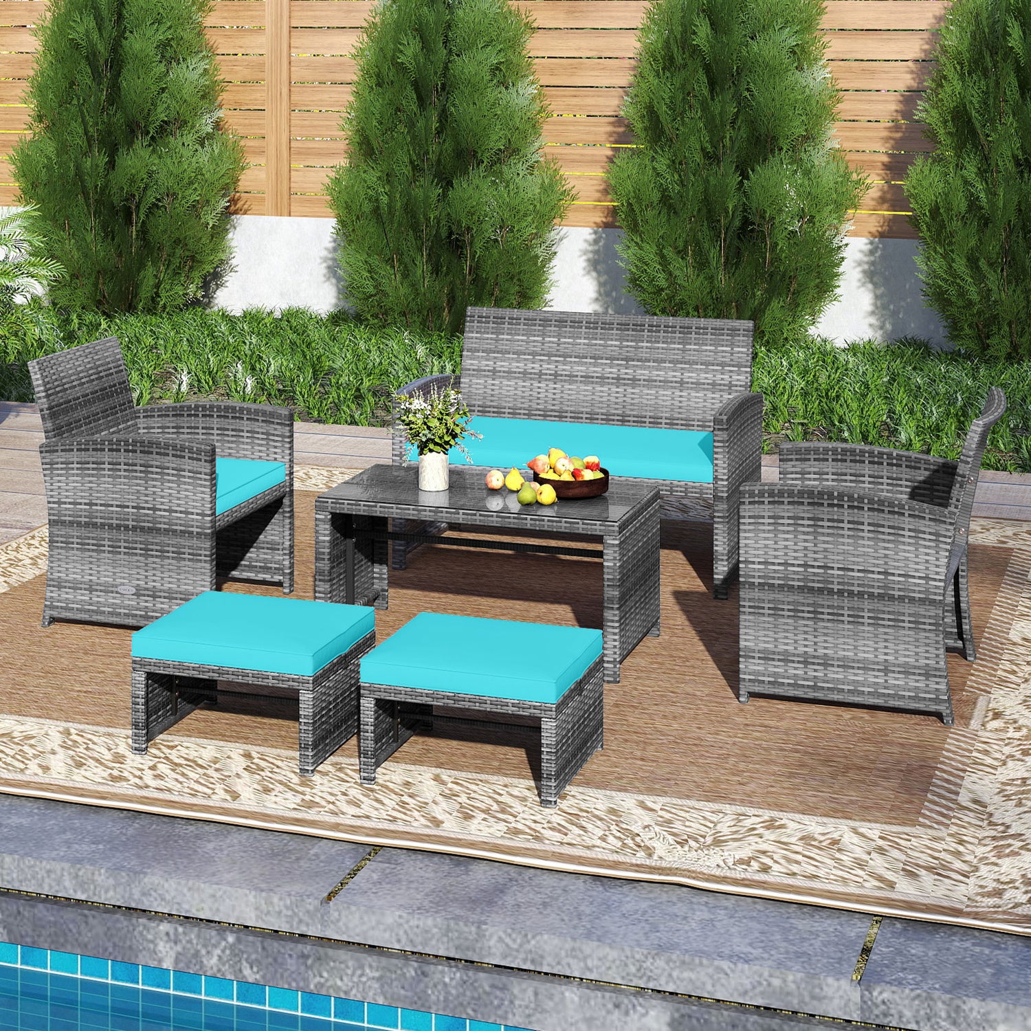 6 Pieces Patio Furniture Set Outdoor Sectional Conversation PE Rattan Sofa Set