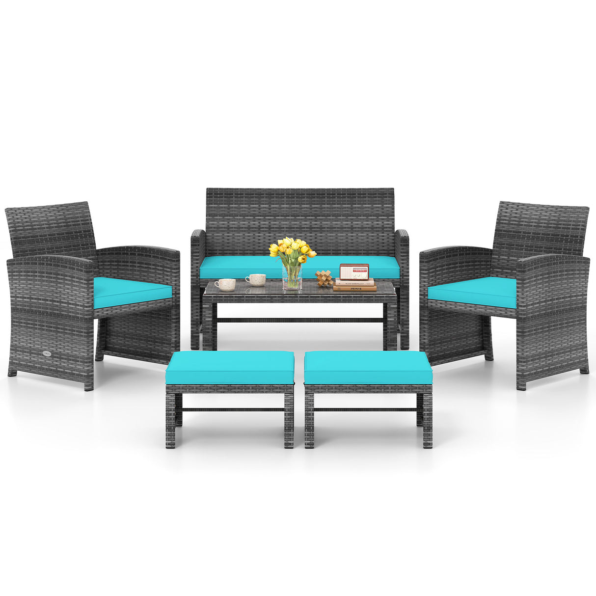 6 Pieces Patio Furniture Set Outdoor Sectional Conversation PE Rattan Sofa Set
