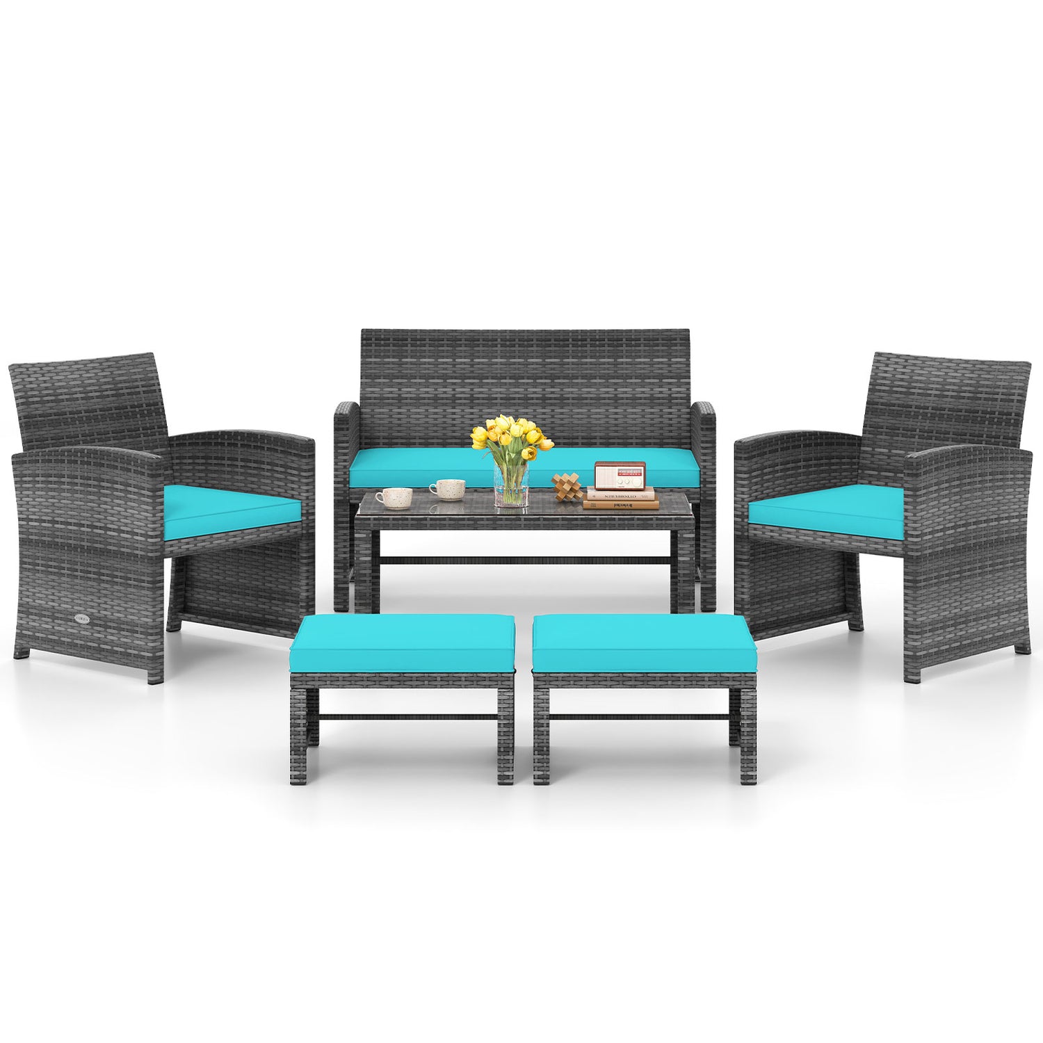 6 Pieces Patio Furniture Set Outdoor Sectional Conversation PE Rattan Sofa Set