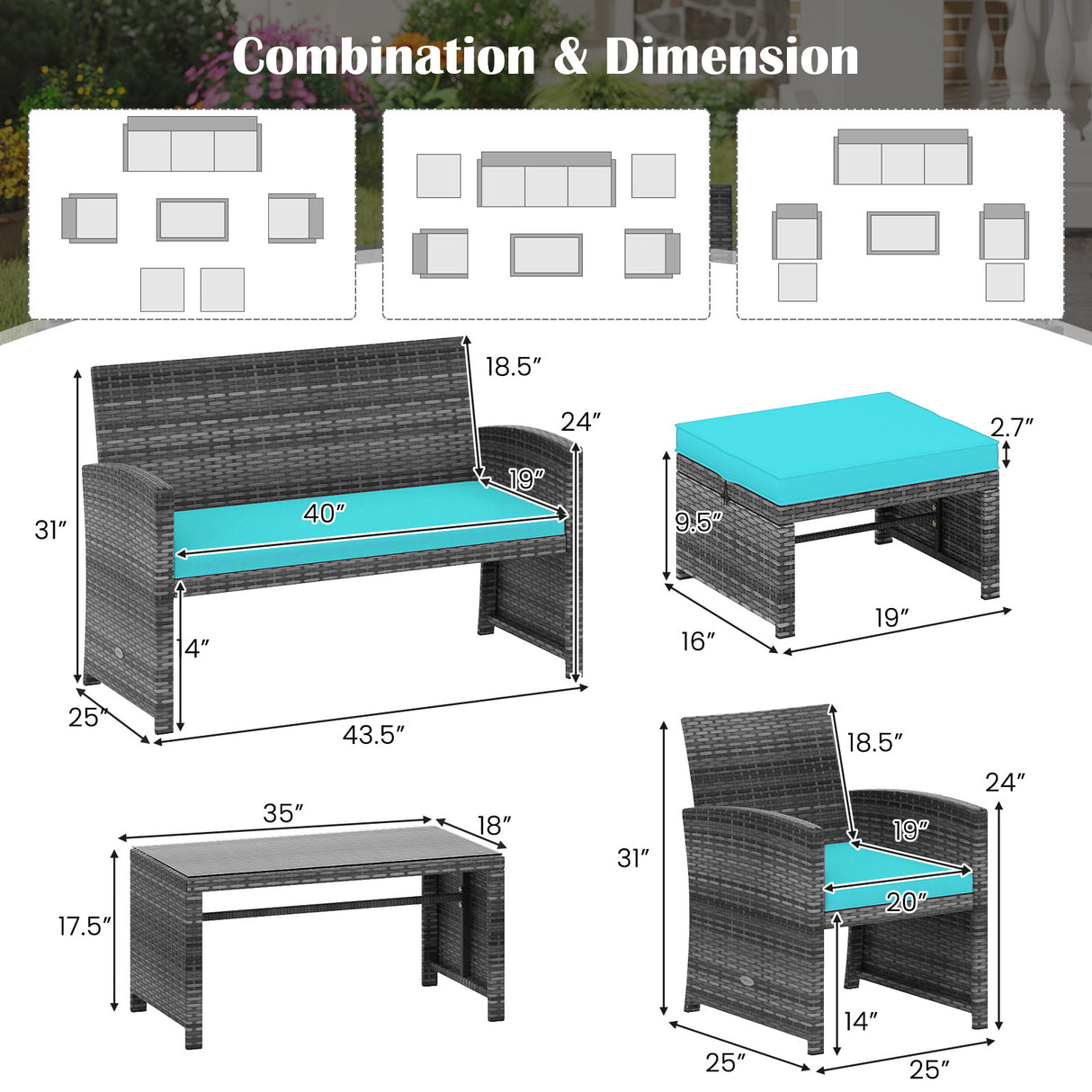 6 Pieces Patio Furniture Set Outdoor Sectional Conversation PE Rattan Sofa Set