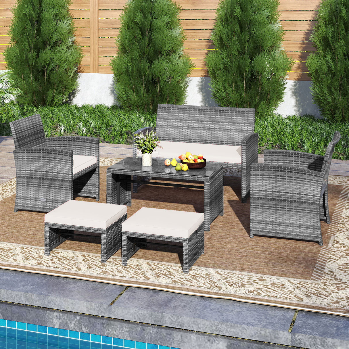 6 Pieces Patio Furniture Set Outdoor Sectional Conversation PE Rattan Sofa Set