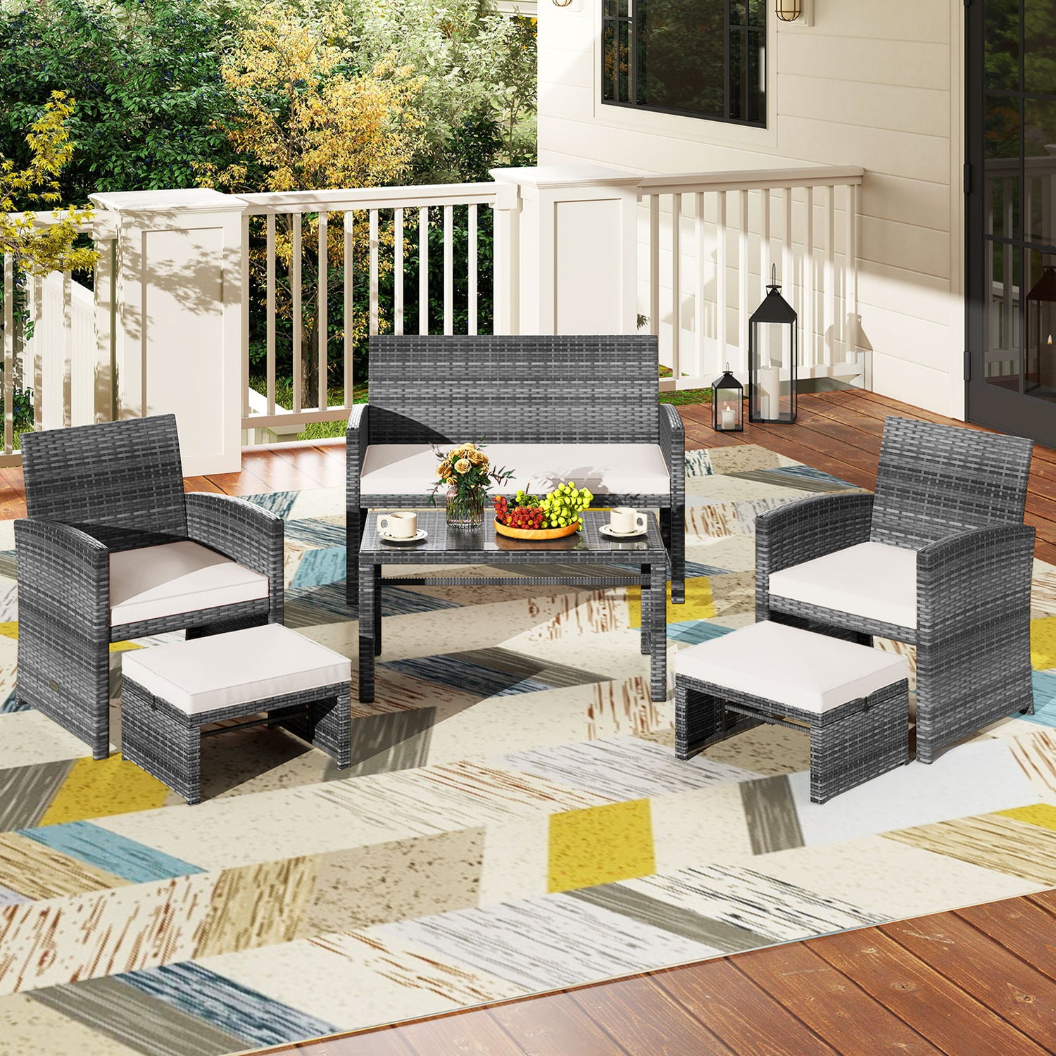 6 Pieces Patio Furniture Set Outdoor Sectional Conversation PE Rattan Sofa Set