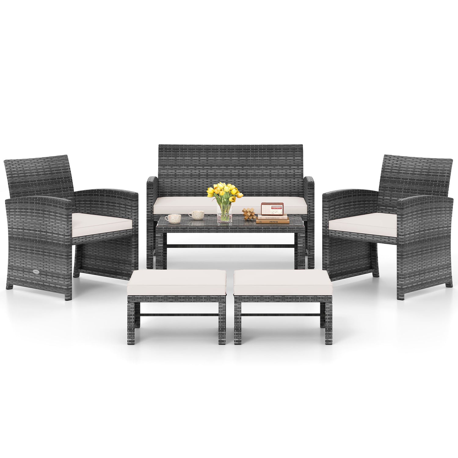 6 Pieces Patio Furniture Set Outdoor Sectional Conversation PE Rattan Sofa Set