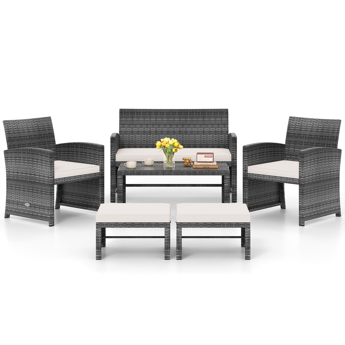 6 Pieces Patio Furniture Set Outdoor Sectional Conversation PE Rattan Sofa Set