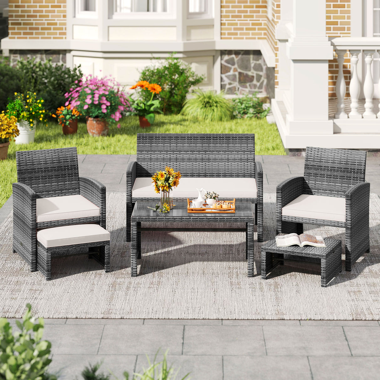 6 Pieces Patio Furniture Set Outdoor Sectional Conversation PE Rattan Sofa Set