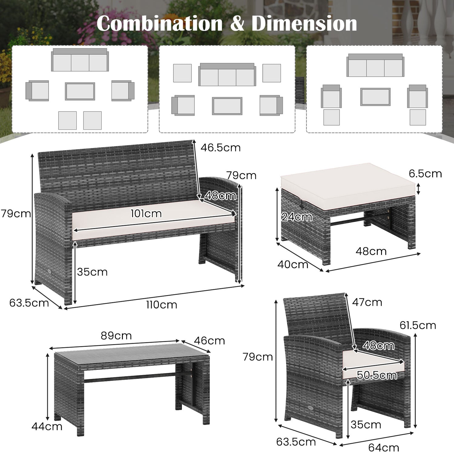 6 Pieces Patio Furniture Set Outdoor Sectional Conversation PE Rattan Sofa Set