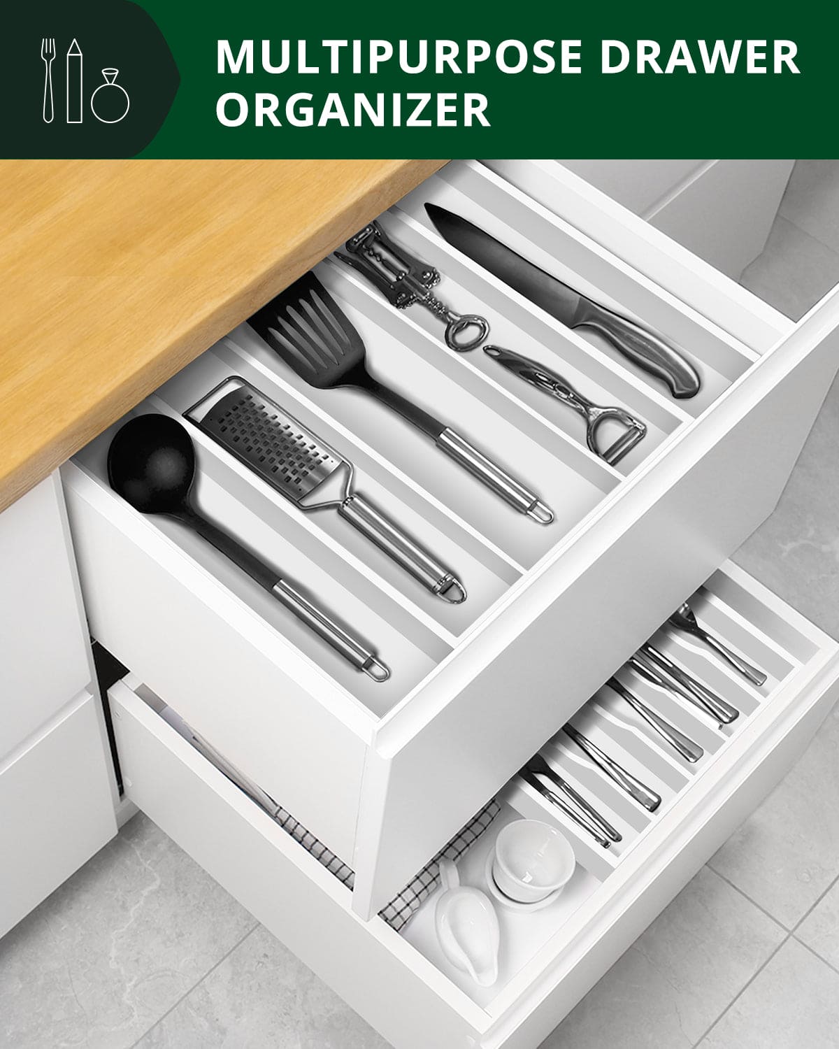 Utensil Drawer Organizer, White (5 Slots)