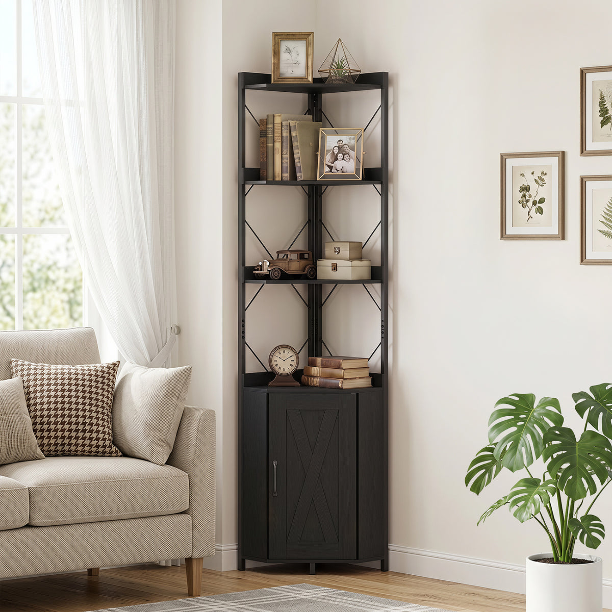 6-Tier 71" Tall Freestanding Bookshelf with Cabinet and Metal Frame-Black