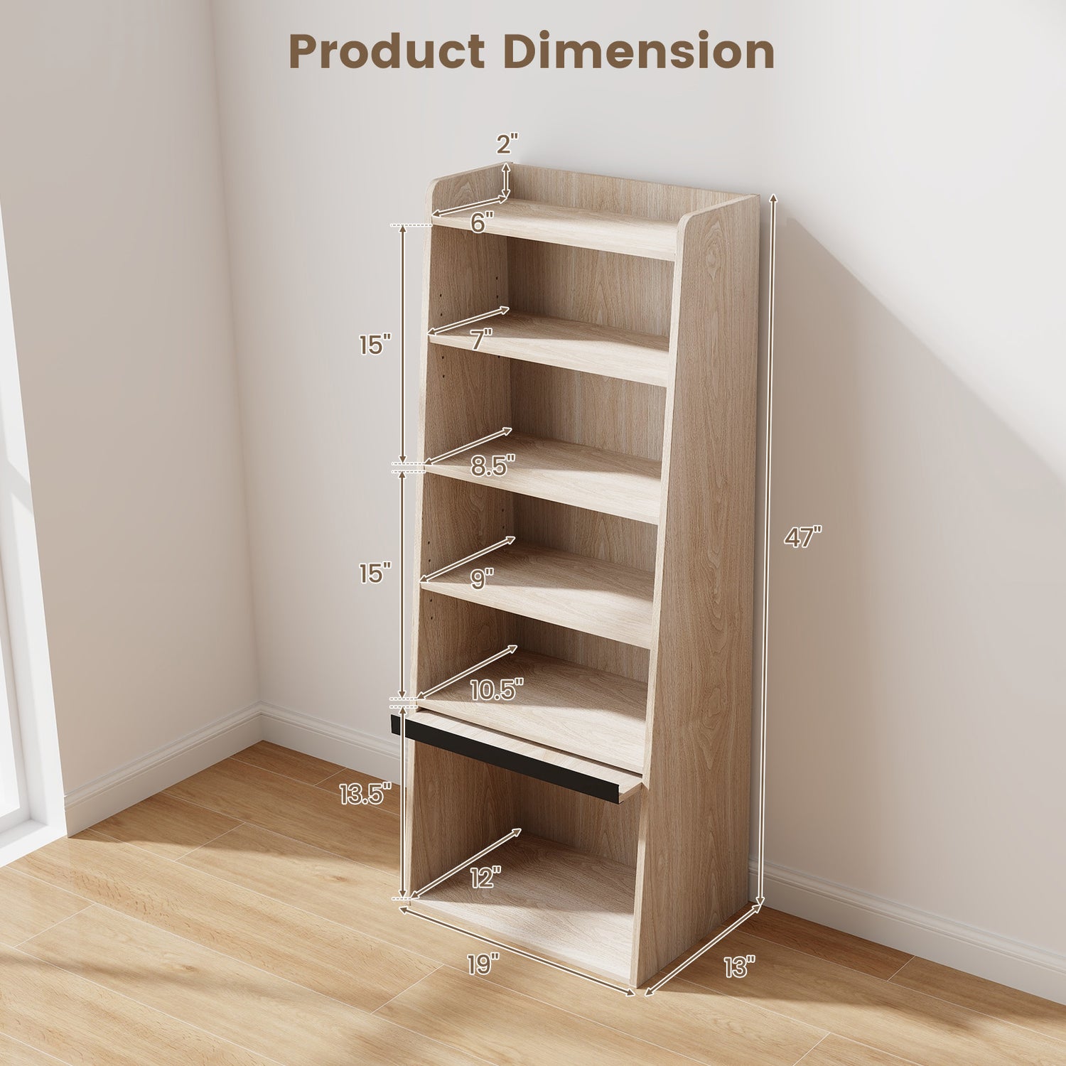6-Tier Bookcase Freestanding Ladder Bookshelf with 2 Adjustable Shelves and Flip Up Door-Natural