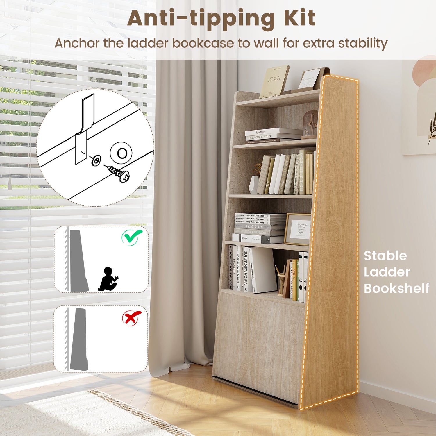 6-Tier Bookcase Freestanding Ladder Bookshelf with 2 Adjustable Shelves and Flip Up Door-Natural